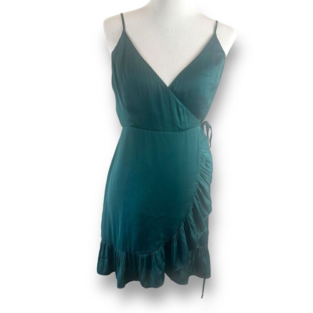 Free People‎ S Ruffle Front Wrap Dress Emerald Green Satin Spaghetti Strap Party